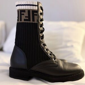 Fendi Rockoko Black Leather Lace-Up Boots